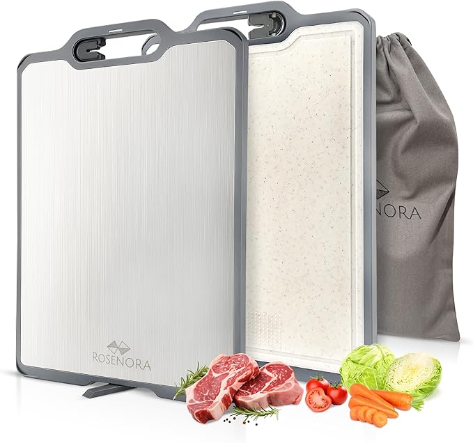 Double-Sided Cutting Board with Stand, Knife Sharpener & Grater | Non-Toxic Titanium + Wheatstraw PP Chopping Board | Healthy Choice Kitchen Accessory for Meat, Vegetables & Fruit
