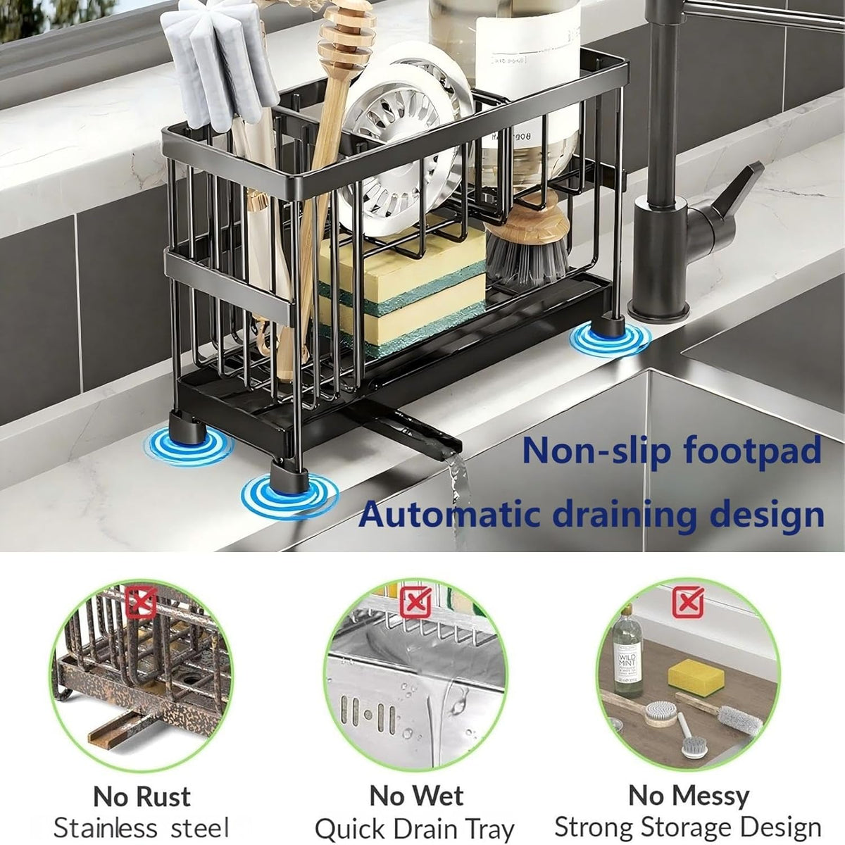 Sponge Holder for Kitchen Sink, 2 Tier Sink Caddy Organizer with Brush Holder, Non-Slip Stainless Steel Kitchen Countertop Organizers and Storage, Soap Dispenser Organize with 360°Drain Tray