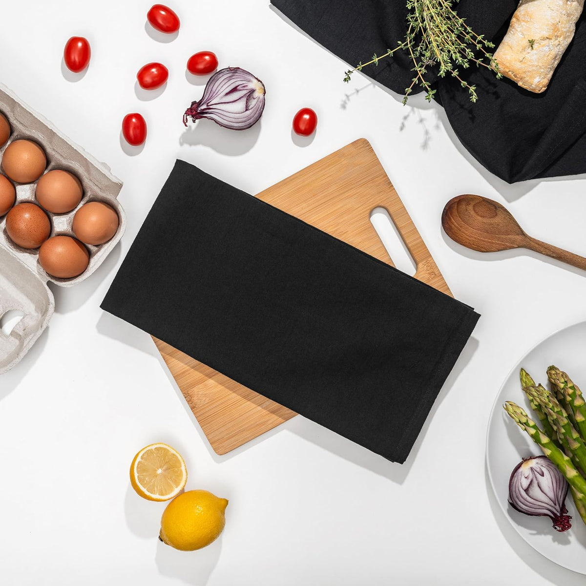 Organic Cotton Black Tea Towels - 100% Cotton, 10-Pack, Reusable and Washable Black Flour Sack Towels for Kitchen - Extra Large 27"x27", Durable Black Dish Towels with Hanging Loop (Black)