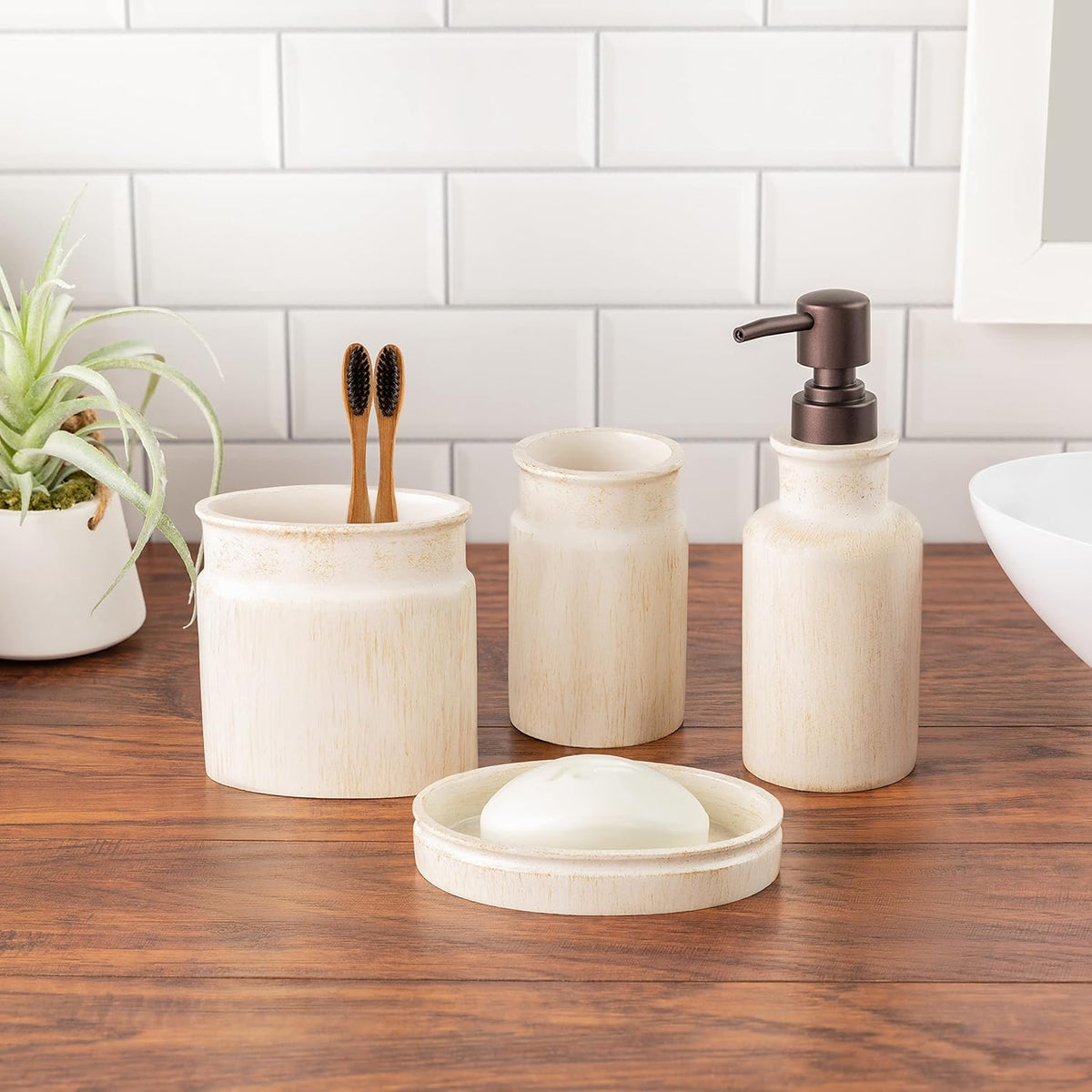 Creative Scents Rustic Luxe Bathroom Soap Dispenser - Beige Hand Soap Dispenser for Bathroom with Strong Easy Dispensing Pump - Rustic Farmhouse Decor – Resin Lotion Dispenser with Pump Holds 8.8 Oz.