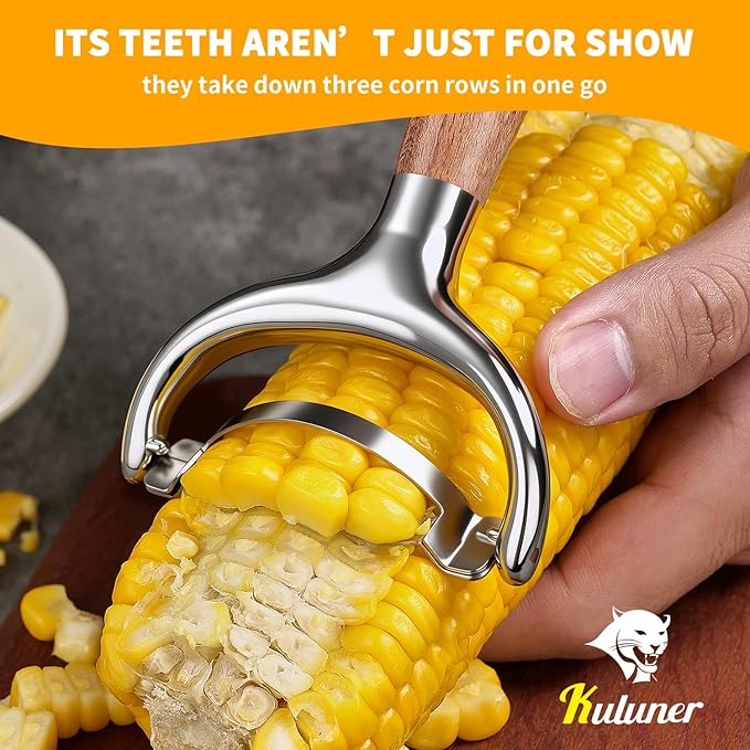 KULUNER Durable Stainless Steel Corn Peeler with Polished Wood Handle Corn on the Cob Stripper Kernel Remover Easy Use Corn Kernel Cutter Kitchen Gadget（Rosewood）