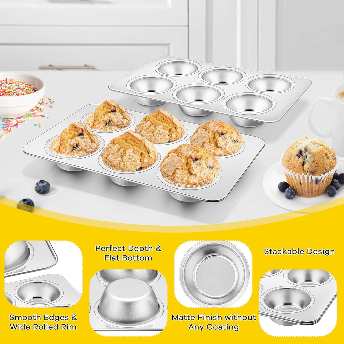 Homikit 2 Pack Muffin Pan, Stainless Steel Cupcake Baking Tin with 6 Cups Regular Size, 11.4 x 7 Inches Metal Egg Bites Tray for Toaster Oven, Rust Free & Non Toxic, Easy Release & Dishwasher Safe