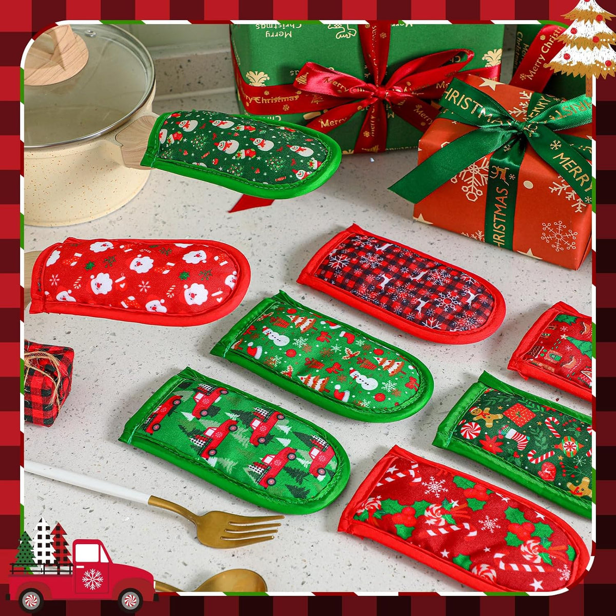 Patelai 8 Pack Christmas Cast Iron Skillet Handle Covers Red Green Hot Pot Handle Holder Cover Heat Resistant Non Slip Cast Iron Skillet Potholders Sleeves Protector for Kitchen Cooking Baking BBQ