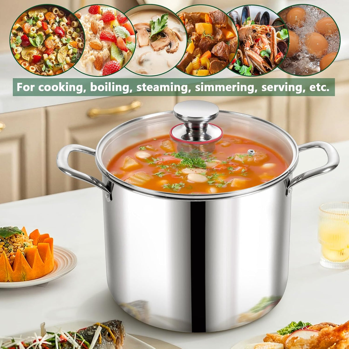 P&P CHEF 10 Quart Tri-Ply Stainless Steel Stockpot, Stock Pot with Visible Lid for Soup Pasta Vegetable, Induction Cooking Pot for All Stoves, Sturdy & Double Handle, Dishwasher Safe