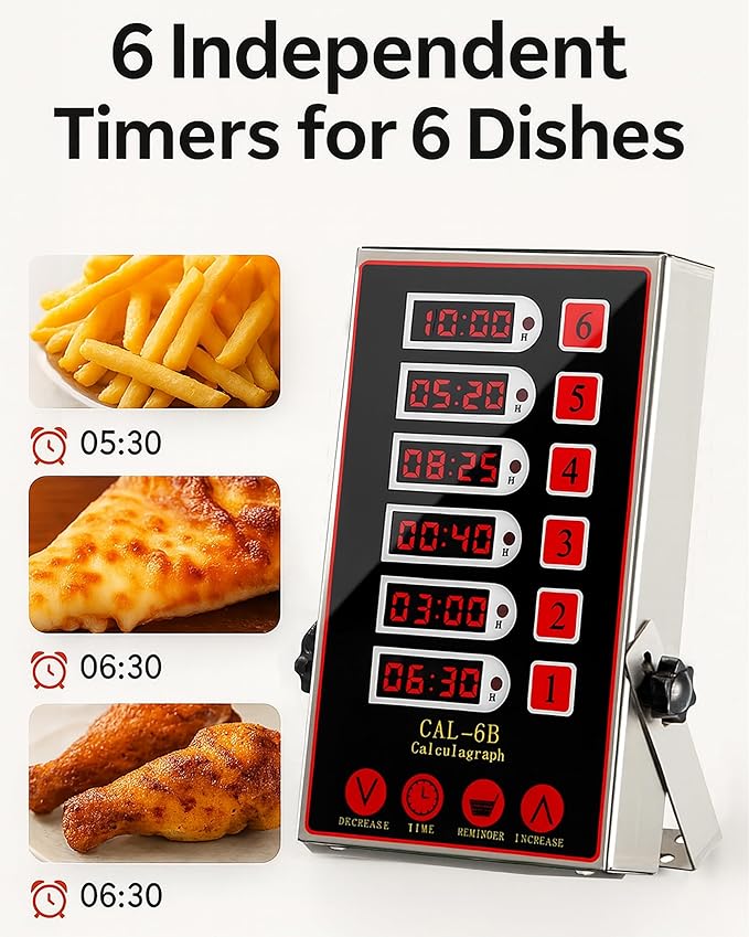 Commercial 6 Channel Kitchen Timer, Digital Stainless Steel Restaurant Timer with Loud Alarm, Multi-Event Reminder for Fryer, Baking