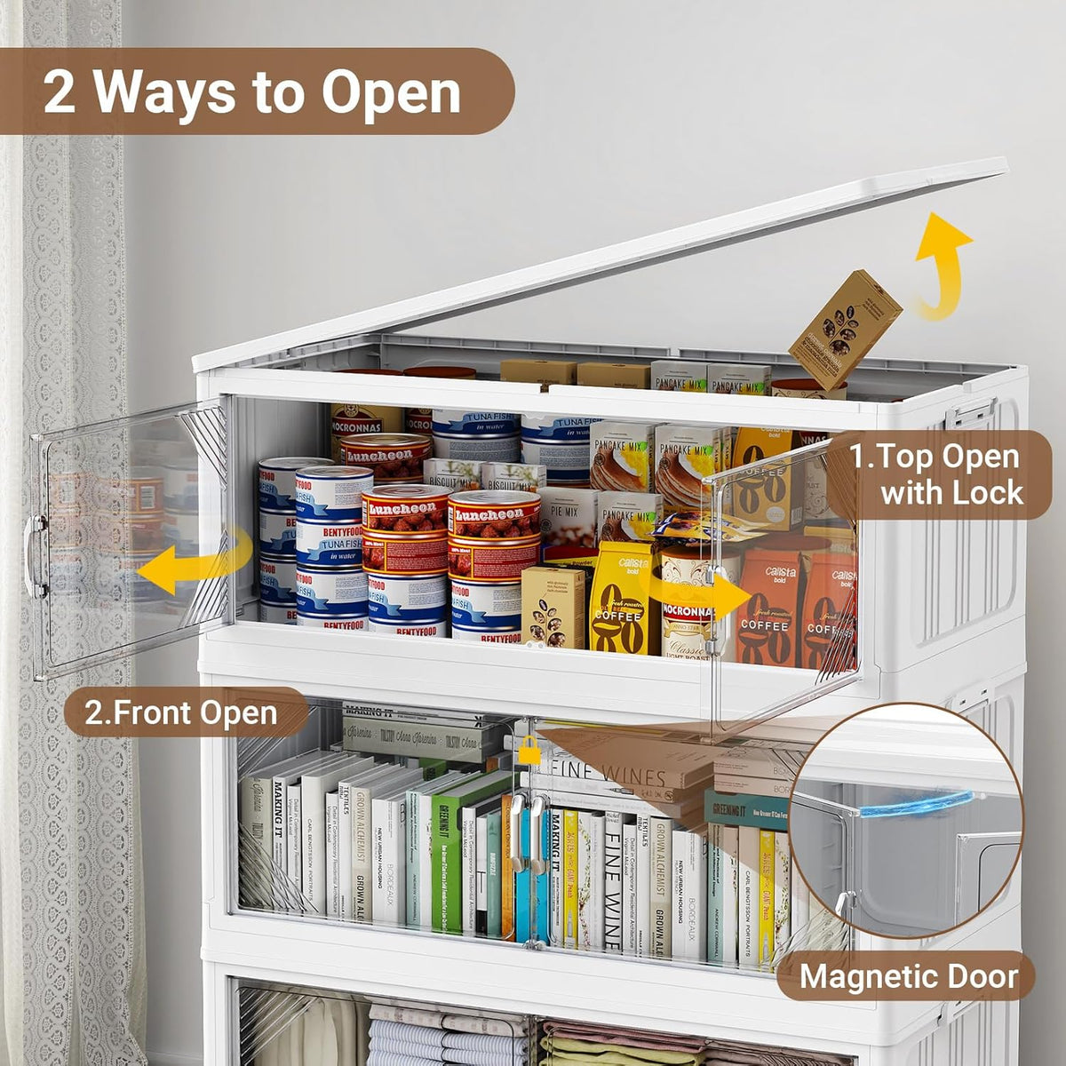 220Gal Plastic Stackable Storage Bins with Lid, 880QT Extra Large Closet Organizers Collapsible Cabinets Boxes With Drawers, Foldable Containers with 6x Wheels for Home Kitchen, V60 4Pack White