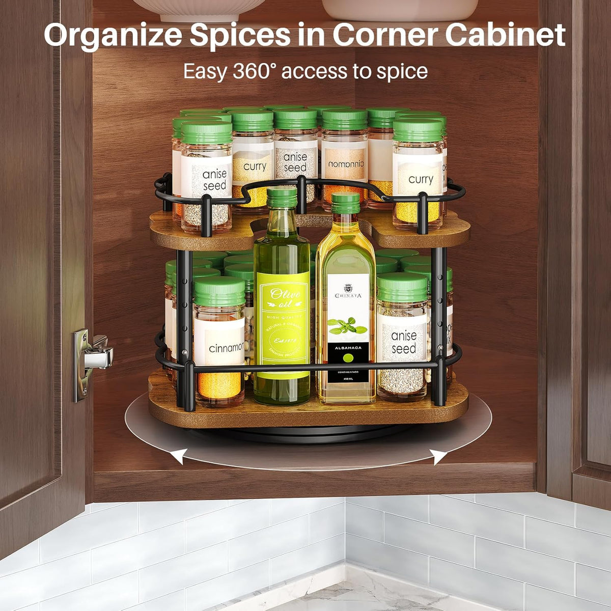 SNTD Spice Rack Organizer for Cabinet - Height Adjustable Rotating Lazy Susan, Wooden Spice Organization for Tabletop, Pantry, or Kitchen Counter, Fits Cabinets Over 11" Wide and 10.3" High