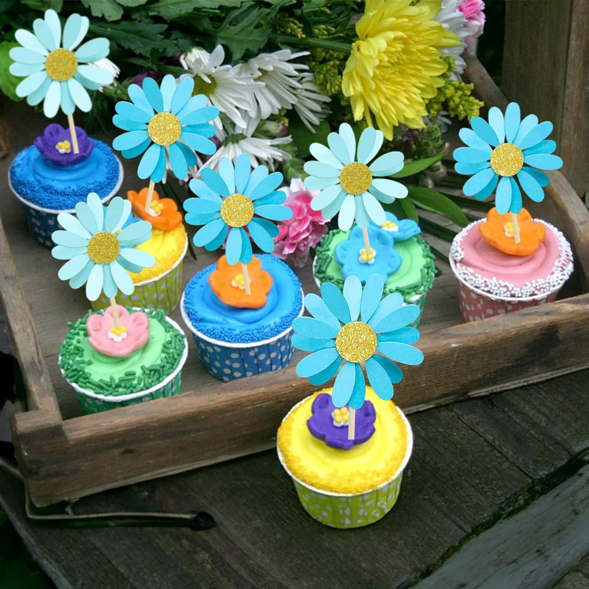 Ephlyn 24Pcs Daisy Cupcake Toppers Flower Cake Topper Decorations Daisy Cake Decorations Chrysanthemum Cupcake Toppers Spring Daisy Flower Cake Picks for Birthday Wedding Supplies Blue