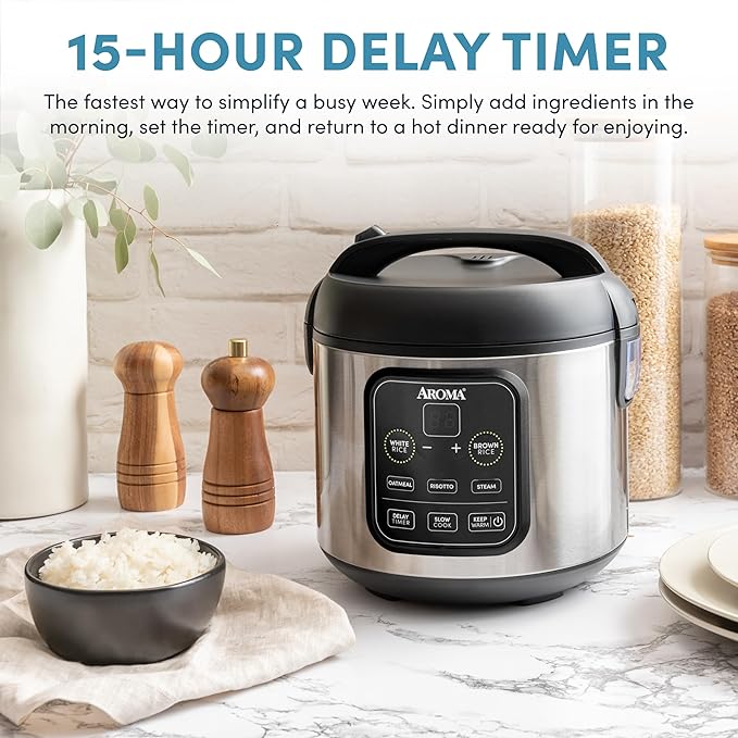 Aroma Housewares ARC-994SB Rice & Grain Cooker Slow Cook, Steam, Oatmeal, Risotto, 8-cup cooked/4-cup uncooked/2Qt, Stainless Steel