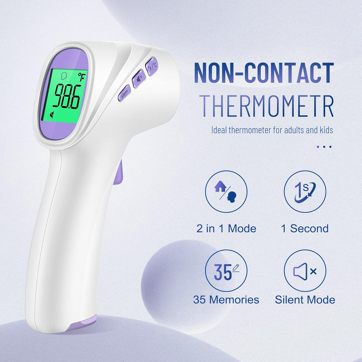 No-Touch Thermometer for Adults and Kids, Digital Thermometer with Fever Alarm, Fast Accurate Results, Easy for All Ages, FSA Eligible (Purple)