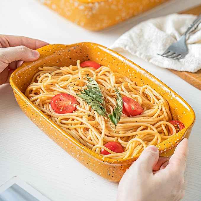 Ceramic Baking Dish Set of 3, Casserole for Oven,Rectangular Bakeware Dishes with Handles,Lasagna Pan Deep,Handcraft Speckle Stoneware Series (13.8''/12''/9.6''Orange)