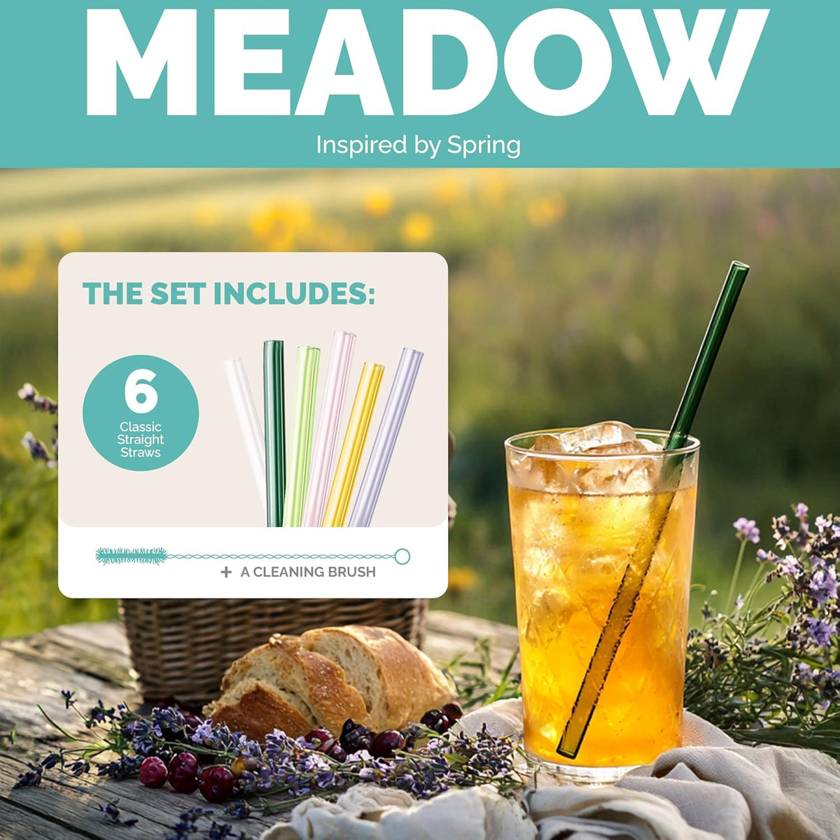 Simply Straws 8 Inch Glass Straws Straight (6-Pack) – Reusable Glass Straws for Pints & Juice Drinkware, with Cleaning Brush – Dishwasher Safe, Hot & Cold Use, BPA-Free (Meadow)