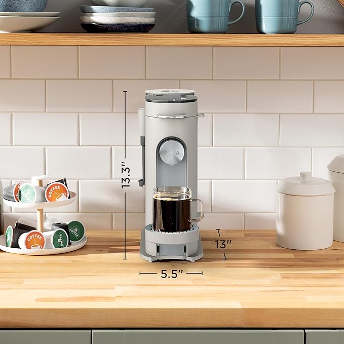 Ninja Pod & Grounds Specialty Single-Serve Coffee Maker, K-Cup Pod Compatible, Brews Grounds, Compact Design, Built-In Milk Frother, 56-oz. Reservoir, 6-oz. Cup to 24-oz. Mug Sizes, Stone, PB051ST
