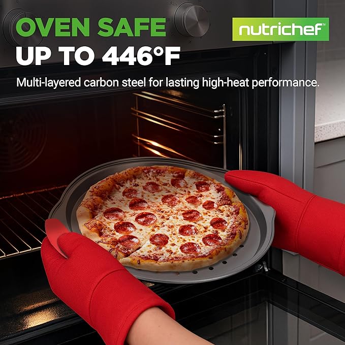 NutriChef 3-Piece Pizza Tray Set with Silicone Handles - Round Nonstick Pizza Pan with Perforated Holes, Durable Carbon Steel, Small, Medium, Large Sizes - Ideal for Crispy, Evenly Baked Pizzas (Gray)