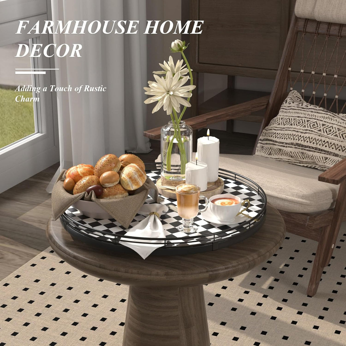 16" Black and White Kitchen Lazy Susan Turntable, Round Checkered Decorative Tray, Large Lazy Susan for Dining Table Centerpiece, Pantry, Kitchen, Bathroom, Countertop, Cupboard, Home Decor