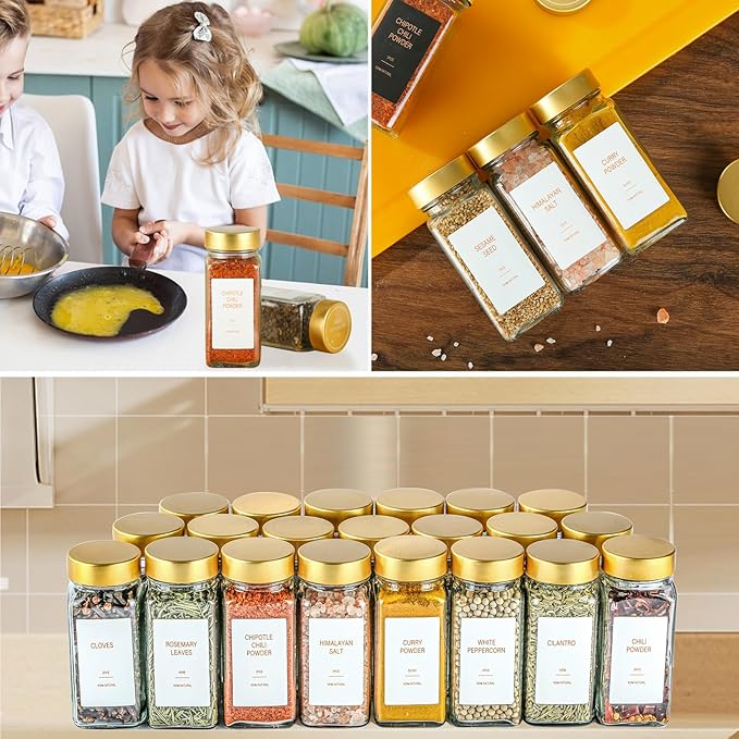 Gold Spice Jars with Label，4oz Seasoning Containers, Glass Spice Bottles with Shaker Lids,Funnel, Chalk Pen for Cabinet，Drawer，Rack (36)