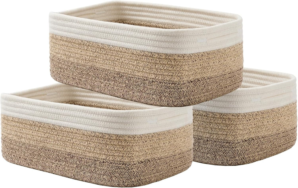 Small Woven Basket, 13.5 x 9.5 x 5 Inches, Storage Basket for Organizing, Cute Small Rope Shelf Closet Cube Storage Bins Baskets for Shelves, Dog Toy Gift Baskets Empty, 3 Pack Gradient Brown