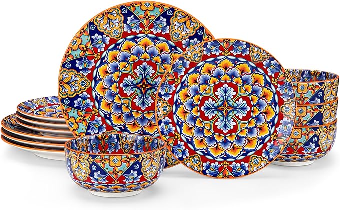 vancasso 12 Pieces Dinnerware Sets, Orange Plates and Bowls Set, Porcelain Dishes Set for 4, Microwave and Dishwasher Safe, Scratch Resistant, Bohemian Style Dining Ware Service for 4, Series SIMI