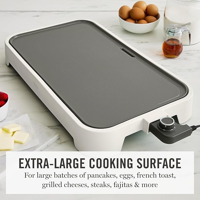 Martha Stewart 12” x 22” Electric Griddle, XL Ceramic Nonstick Flat Top Cooking Surface, Adjustable Temperature Dial, Drip Tray, Dishwasher Safe, 1500W Fast Even Heating, Pancakes & Eggs, Linen White