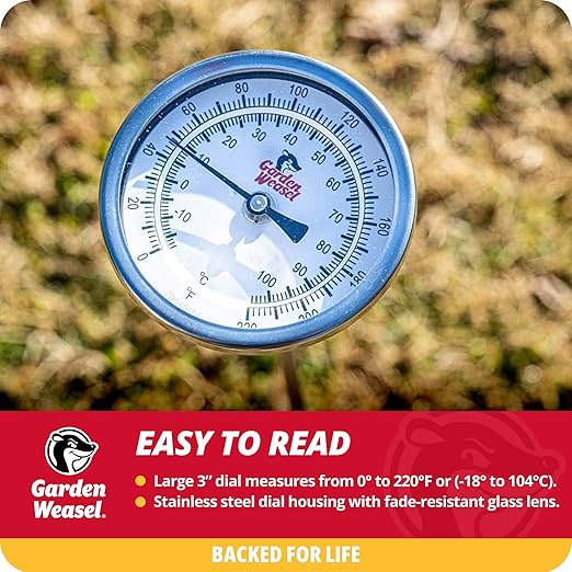 Garden Weasel Analog Soil & Composting Dial Thermometer - 36-Inch Probe | Measures 0 to 220 Degrees Fahrenheit | Soil Temperature, Worm Compost | 98001-A