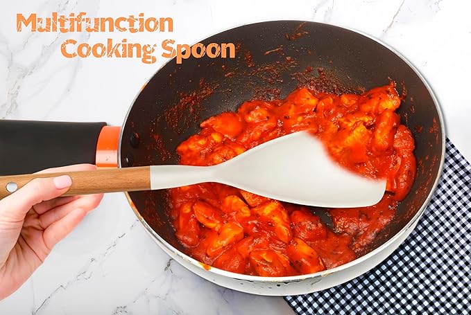Silicone Cooking Spoon and Pasta Fork Set, 2 Pack Large Spatula Spoons Set with Wooden Handle, Heat Resistant Multifunction Spoon for Cooking, Serving and Mixing Spaghetti (White)