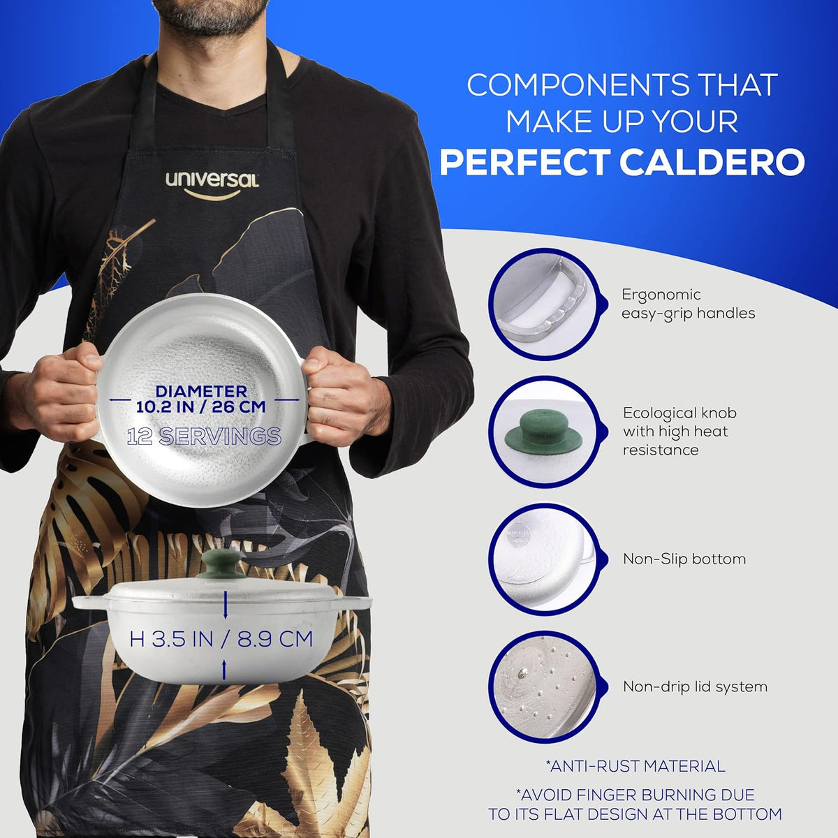 Universal (Medium Size) Caldero 12 Cups - 4.2 QT / 4 L, Stainless Aluminum Pot, Even Heat Distribution and Fast Cooking Dutch Oven Pot, Ergonomic Handles, Ideal for Rice, French Fries, and More