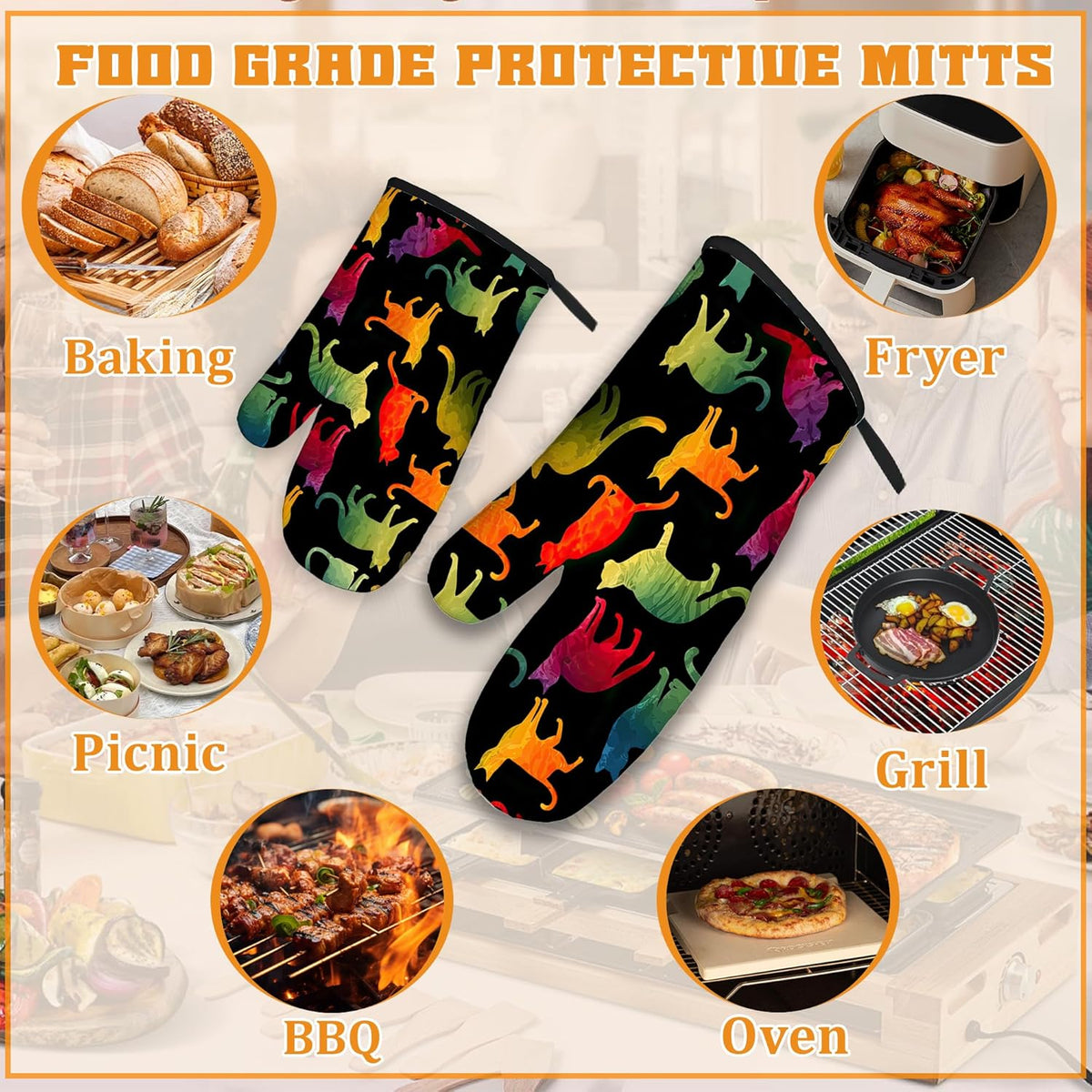 Funny Colorful Cat Oven Mitts and Pot Holders Set,Kitchen Decor Heat Resistant Non Slip Hot Pads and Oven Mitt for Chef Cooking Baking BBQ Mom Girl Gifts(4 Piece Set)