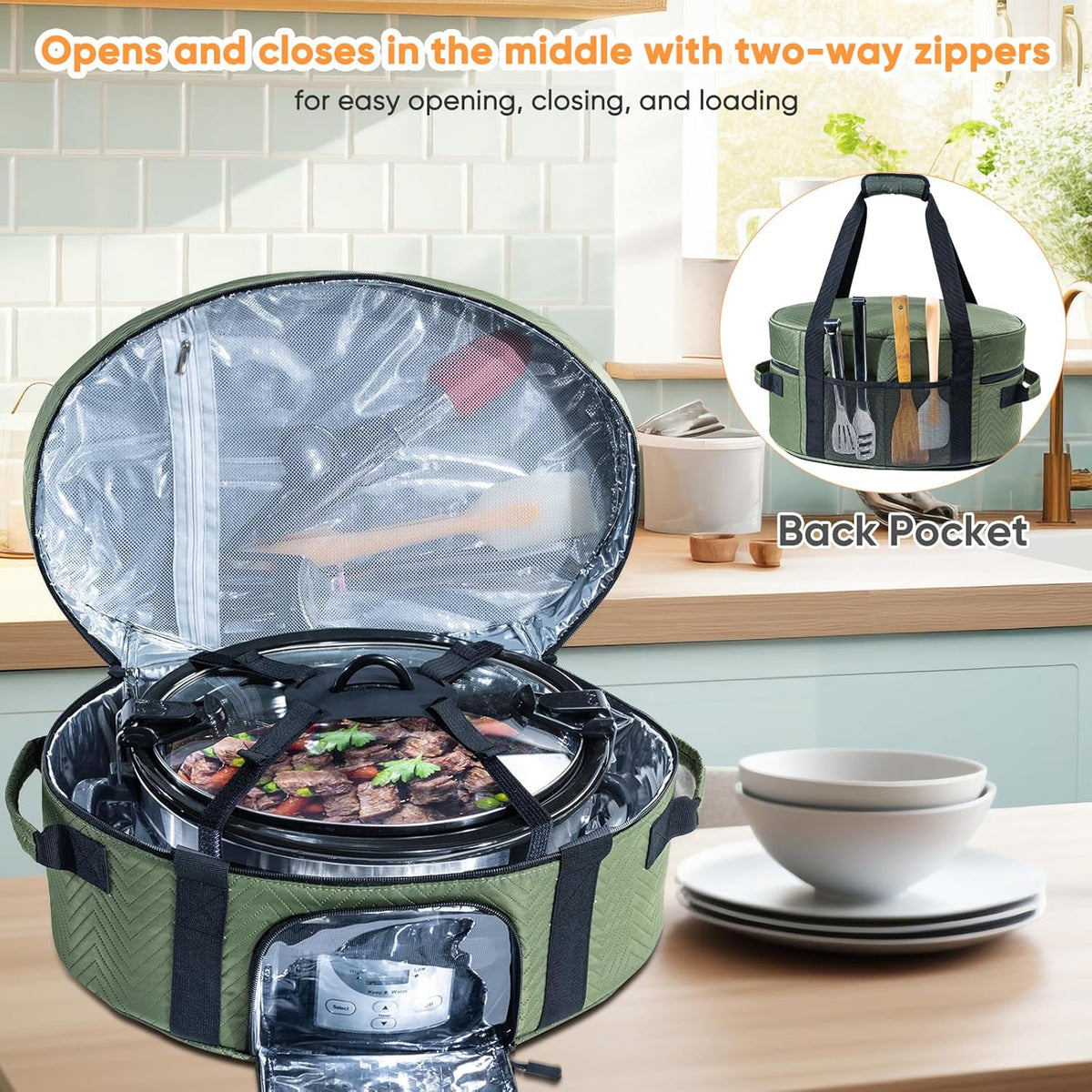 Insulated Slow Cooker Carrying Bag for 6-8 Quart CrockPot and Hamilton Beach Slow Cooker with See-thought Window, Portable Carrier Case with Adjustable Band and Accessory Pocket