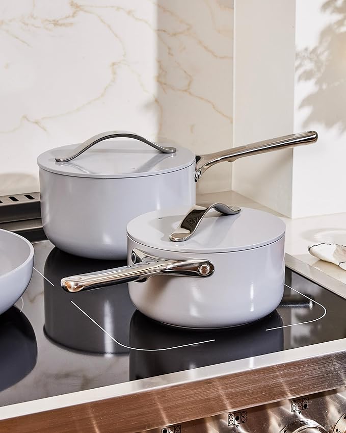 Caraway Nonstick Ceramic Sauce Pan with Lid (1.75 qt) - Non Toxic, PTFE & PFOA Free - Oven Safe & Compatible with All Stovetops (Gas, Electric & Induction) - Perracotta