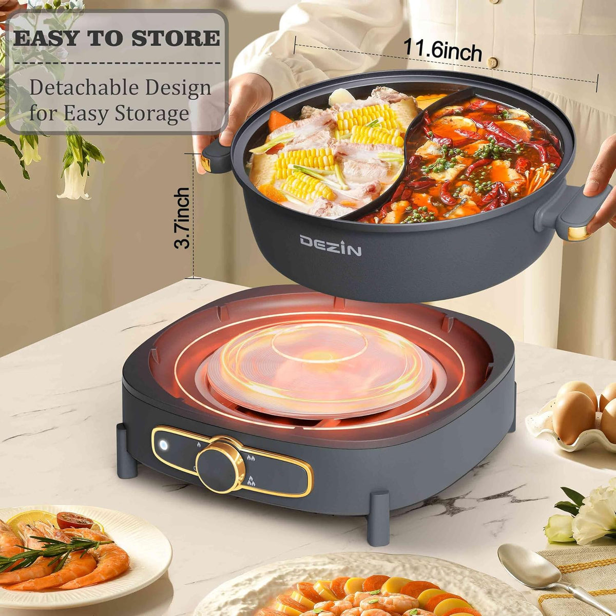Dezin Hot Pot Electric with Divider, 6L Double-Flavor Shabu Shabu Pot, Dual Sided Removable Non-Stick Hotpot Pot Electric, 3" Depth Chinese Hot Pot with Multi-Power Control, 2 Silicone Ladles Included