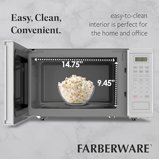 Farberware 1.1 Cu. Ft. Countertop Microwave Oven – 1000 Watts Power, Auto Cook Settings, Defrost, Easy Clean and Child Safety Lock - White