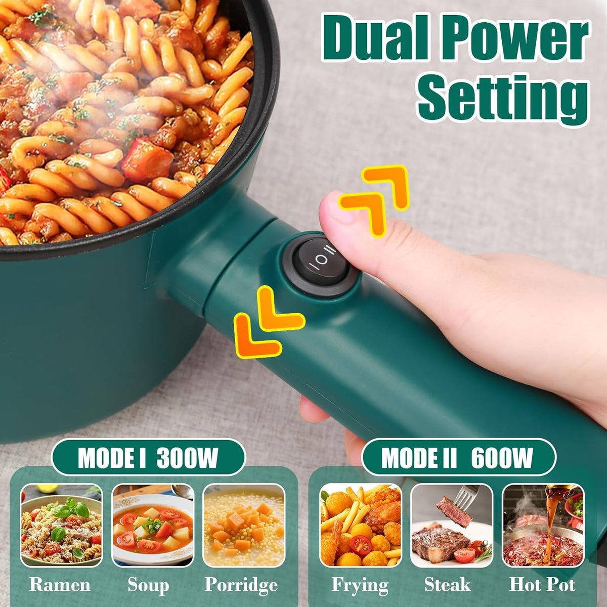 Hot Pot Electric, 1.8L Ramen Cooker, Portable Cooker, Non-Stick Frying Pan, Electric Pot for Pasta, Egg, Steak, Over-Heating Protection, Dual Power Control, Suit Dorm Room, Travel,RV,Hotel