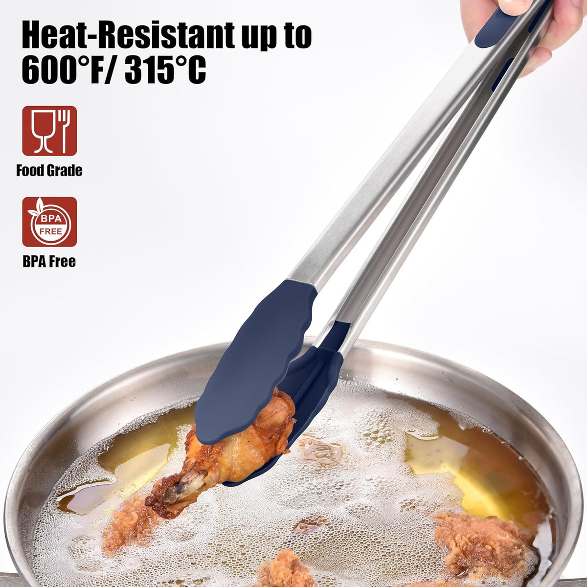 Doosu Kitchen Tong for Cooking: 600°F Heat-Resistant Silicone Food Tong, Stainless Steel Locking Tongs for BBQ (16in, Blue)