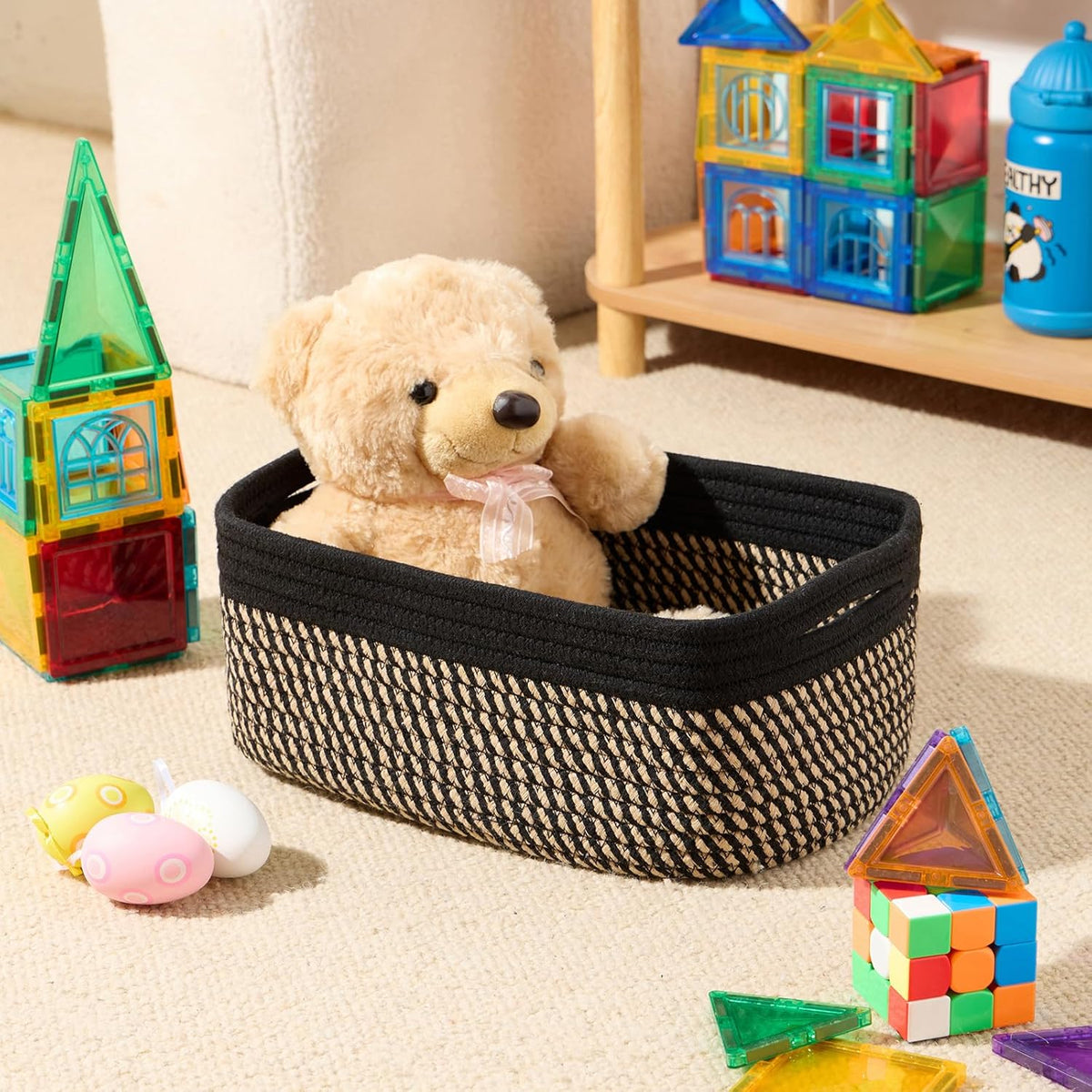 Small Storage Baskets for Organizing | Closet Organizer Bins | Shelf Toy Basket | Woven Rope Baskets | Cube Decorative Box | Shallow Basket | 13x8.5x5.1” | 4 Packs Black Brown