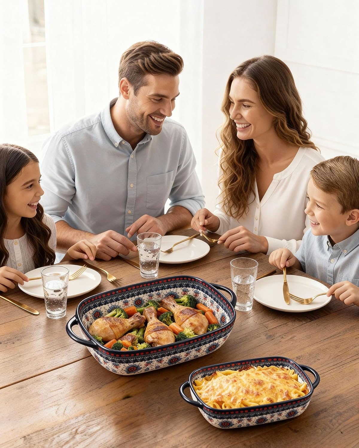 Polish Pottery Style Ceramic Baking Dish Set of 2 – Decorative Casserole Dishes with Handles, Cute Oven-Safe Lasagna Bakeware Gift Set