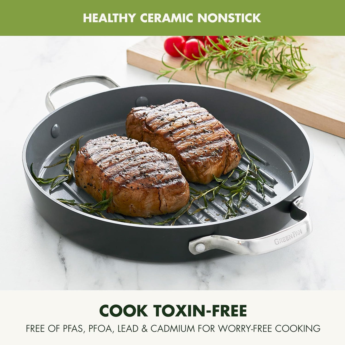 GreenPan Valencia Pro Hard Anodized Healthy Ceramic Nonstick 11" Grill Pan, PFAS-Free, Induction, Dishwasher Safe, Oven Safe, Gray