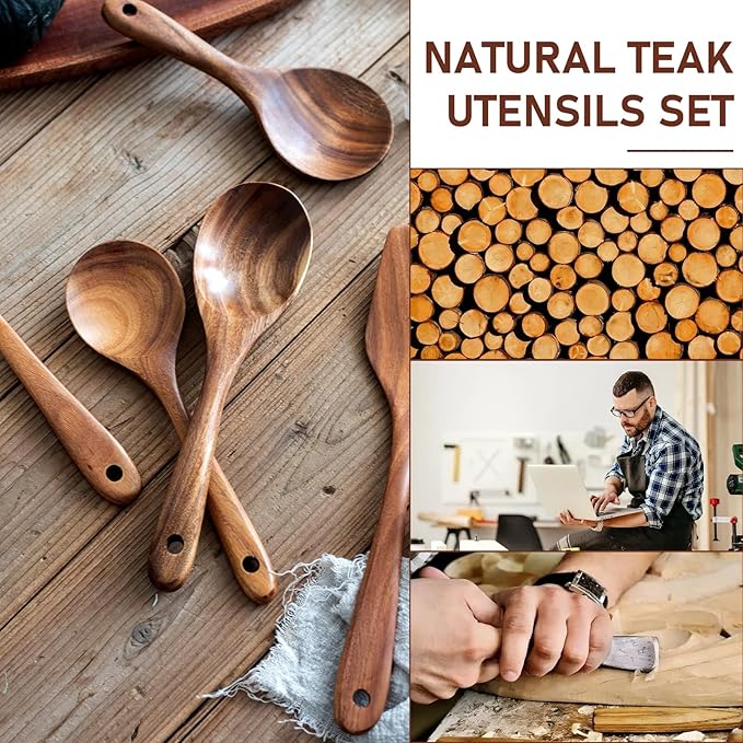 FJNATINH 7-Piece Nonstick Wooden Cooking Utensils Set, Natural and Healthy Kitchen Utensils（7 Pcs）