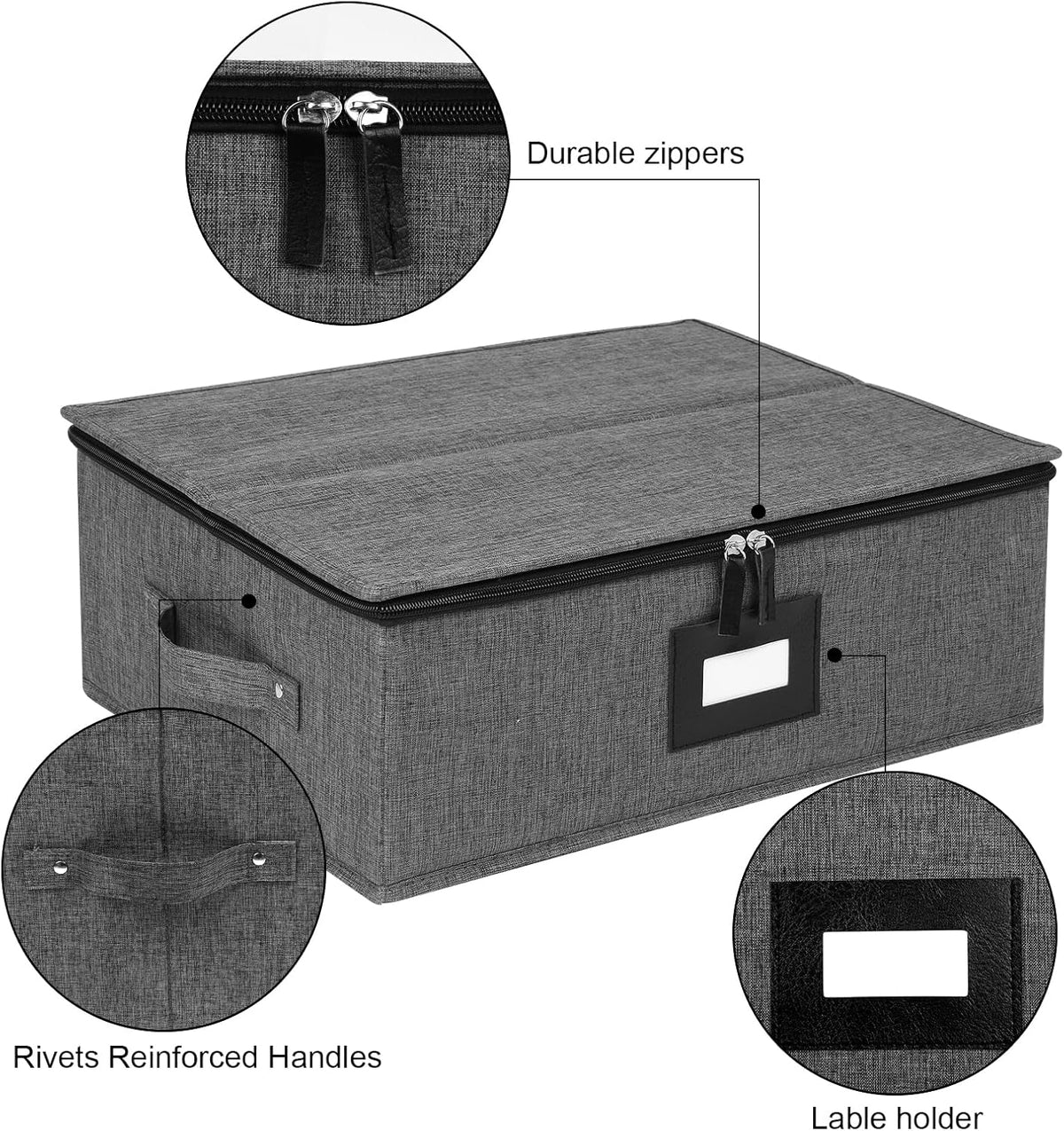 Cup and Mug Storage Box 2Pack, China Storage Containers for 12 Tea Cups or Coffee Mugs with Zipper Lid and Rivet Reinforced Handles, Hard Shell and Stackable (Black)