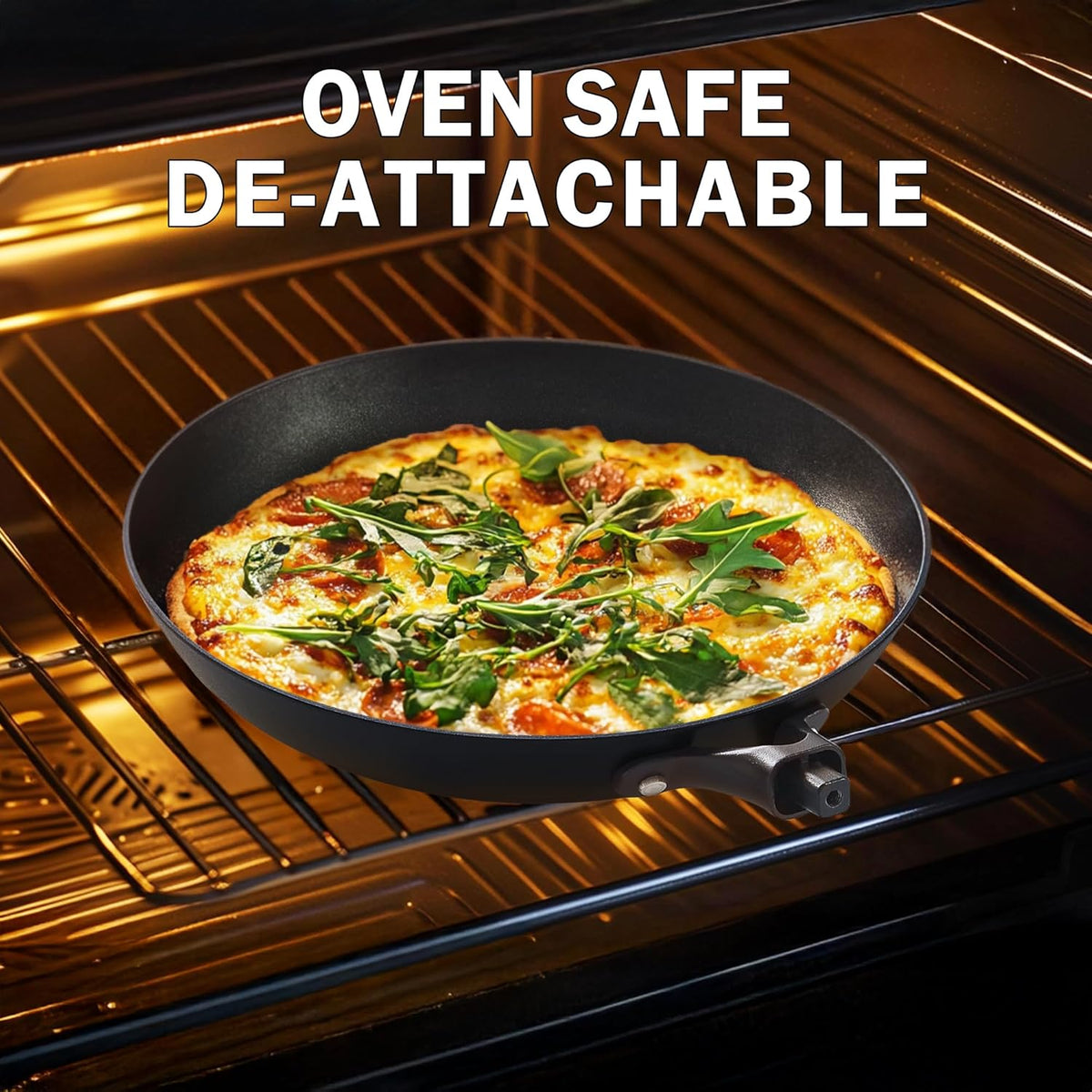 DM Cast Iron Skillet, 2 Piece Nonstick Frying Pan Set, 8 and 10 Inch with Detachable Acacia Wooden Handle, Honeycomb Non stick Omelet Egg Pan, Easy Clean Oven Safe Pans for Cooking