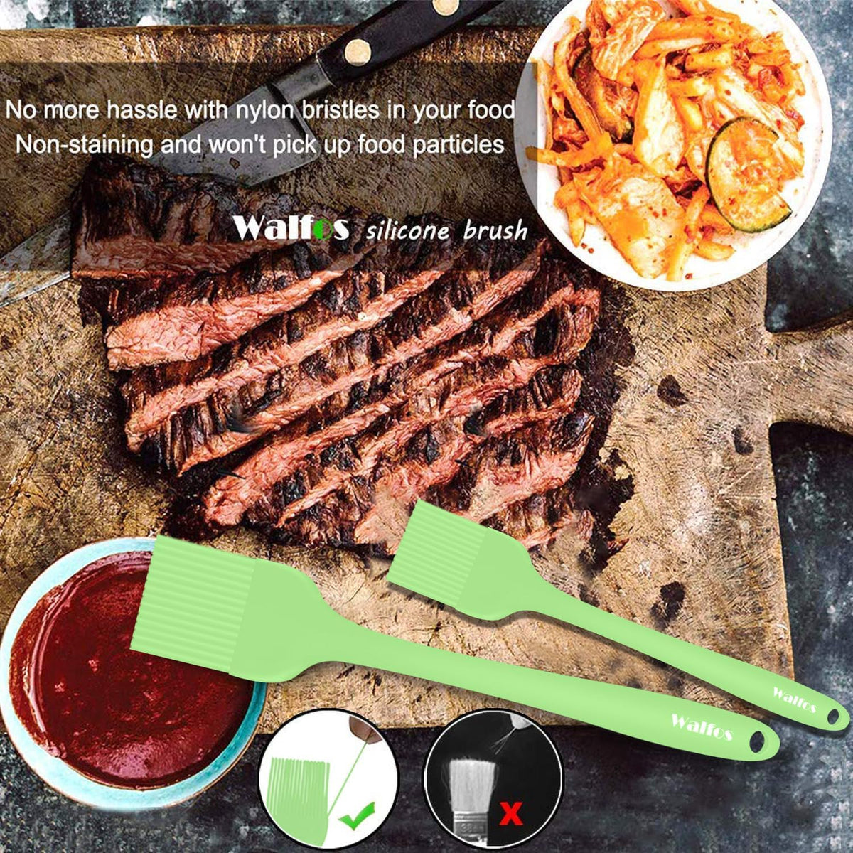 Walfos Basting Brushes Silicone, Heat Resistant Pastry Brushes for Kitchen Cooking, Oil, BBQ Grill, One-Pieces Design,BPA Free and Dishwasher Safe, 2 Pcs (Lime Green)