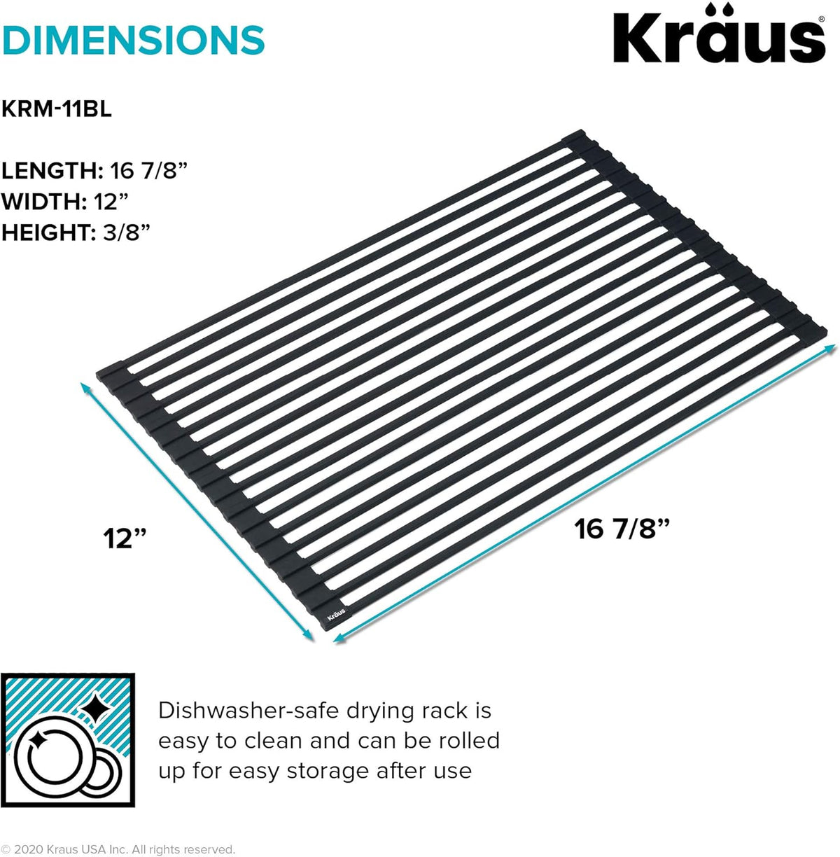 Kraus Multipurpose Workstation Sink Roll-Up Dish Drying Rack, Colander and Trivet in Black, KRM-11BL (Pack of 2)