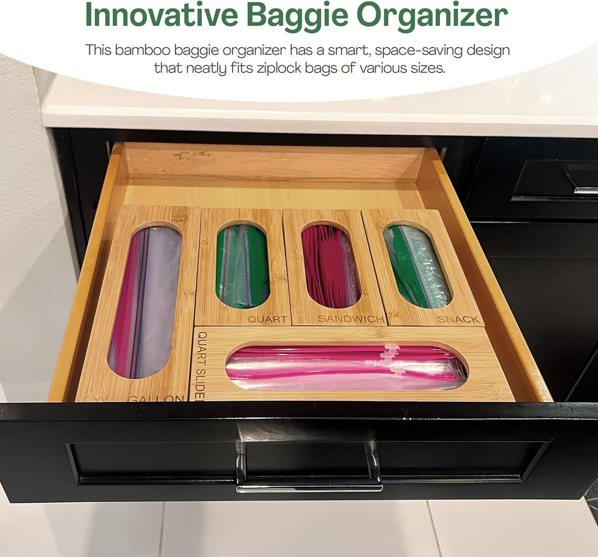 5PCS Bamboo Storage Bag Organizer Set, Multi-Use Baggie Organizers for Gallon, Quart, Sandwich, Snack Food Bags, Tea Bag, Silverware, Ideal for Kitchen, Office, Makeup, Bathroom, Utensil, Junk Drawer