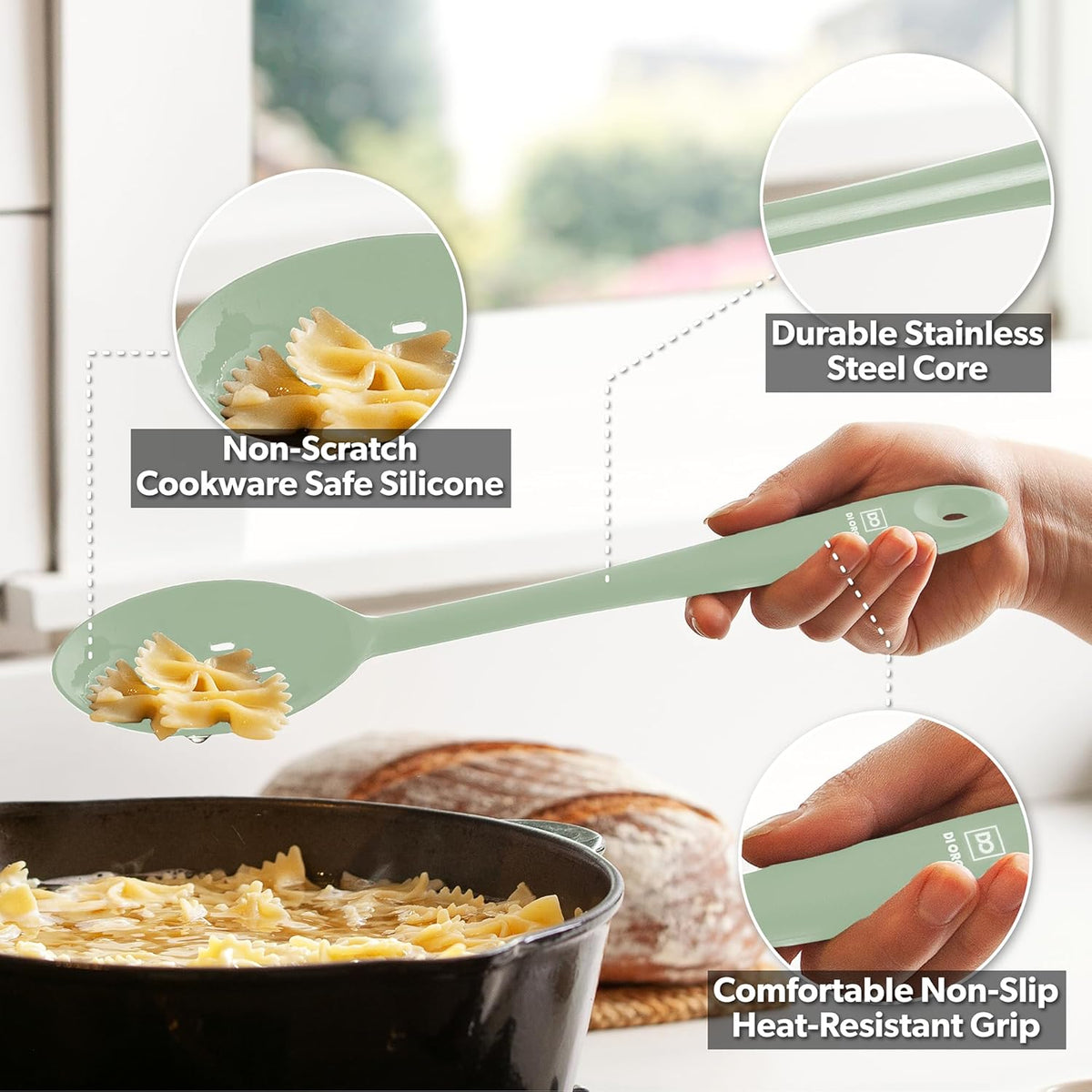 DI ORO Silicone Spoons for Cooking - Large Kitchen Spoons for Mixing, Serving, & Stirring - 600°F Heat-Resistant Non Stick Utensils – Big Solid & Slotted Basting Spoons - Dishwasher Safe (2pc, Sage)