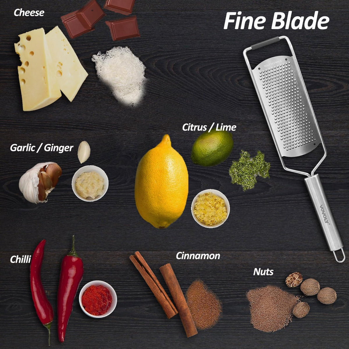 Professional Zester Grater Fine for Hard Cheese, Citrus Fruits, Garlic, Chili, Cinnamon and Nutmeg, Kitchen grater with Razor-Sharp Stainless Steel Blade (Fine)