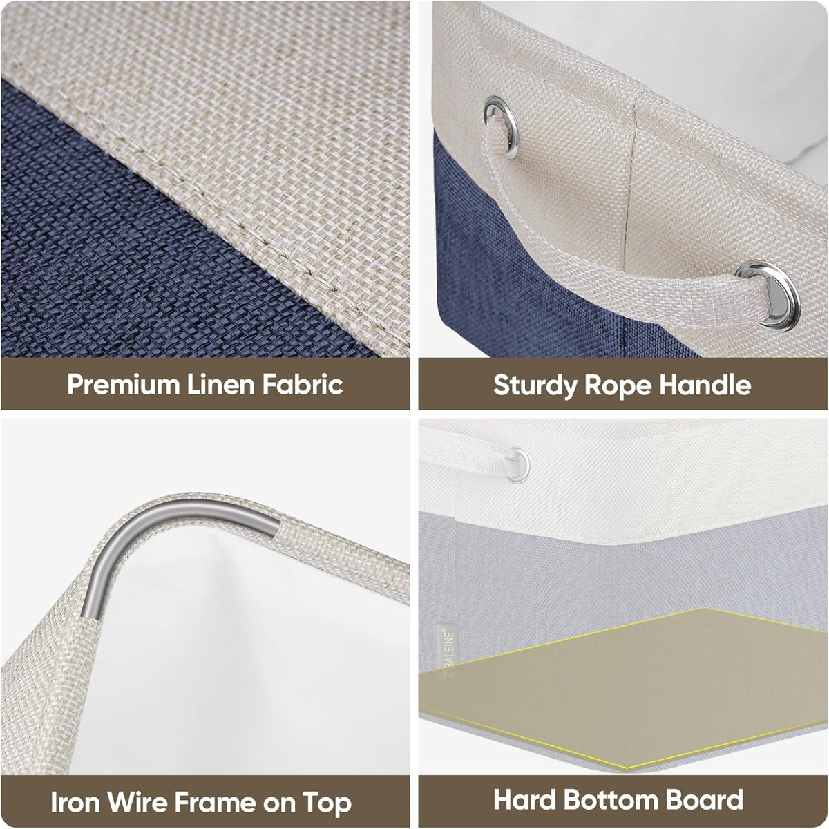 BALEINE 4 Pack Fabric Storage Bins for Shelves, Linen Storage Baskets for Organizing, Decorative Closet Bins for Clothes, Home (Navy Blue, 12"x8"x8")