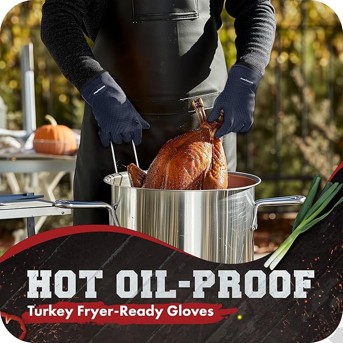 KITCHEN PERFECTION Silicone Smoker Oven Gloves - Extreme Heat Resistant BBQ Gloves - Handle Hot Food Right on Your Smoker Grill Fryer Pit | Waterproof Oven Mitts | Superior Value Set + 3 Bonuses