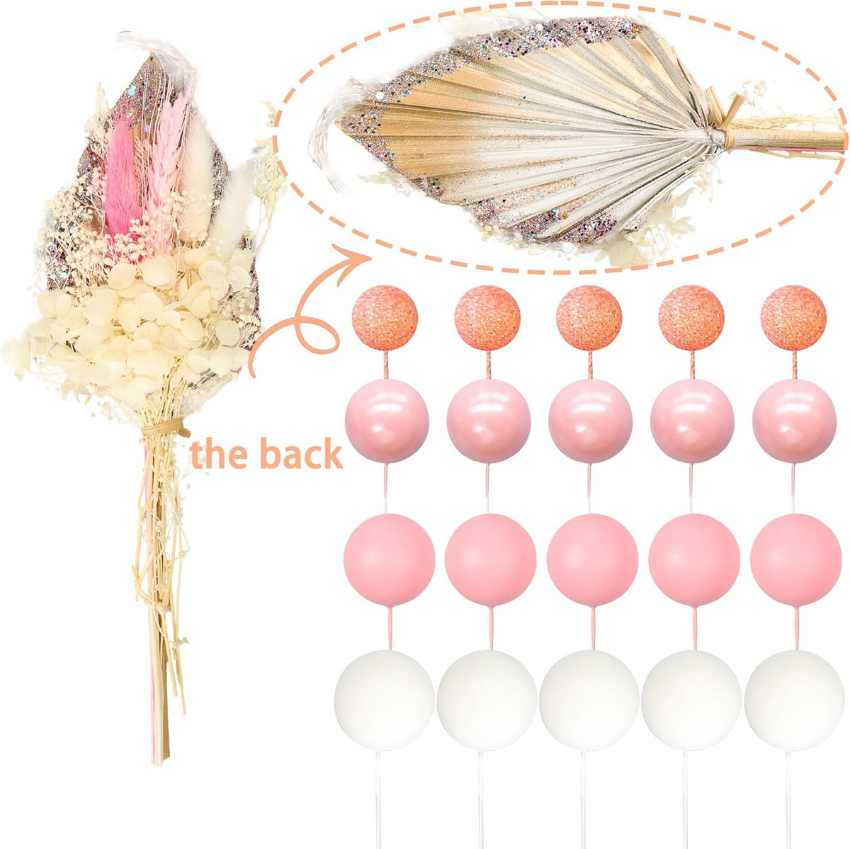 Gyufise 21 Pack Flower Boho Cake Topper Ball Cake Decorations Palm Leaves Plants Cake Decor for Girl Bohemian Princess Theme Wedding Baby Shower Birthday Party Supplies Pink White