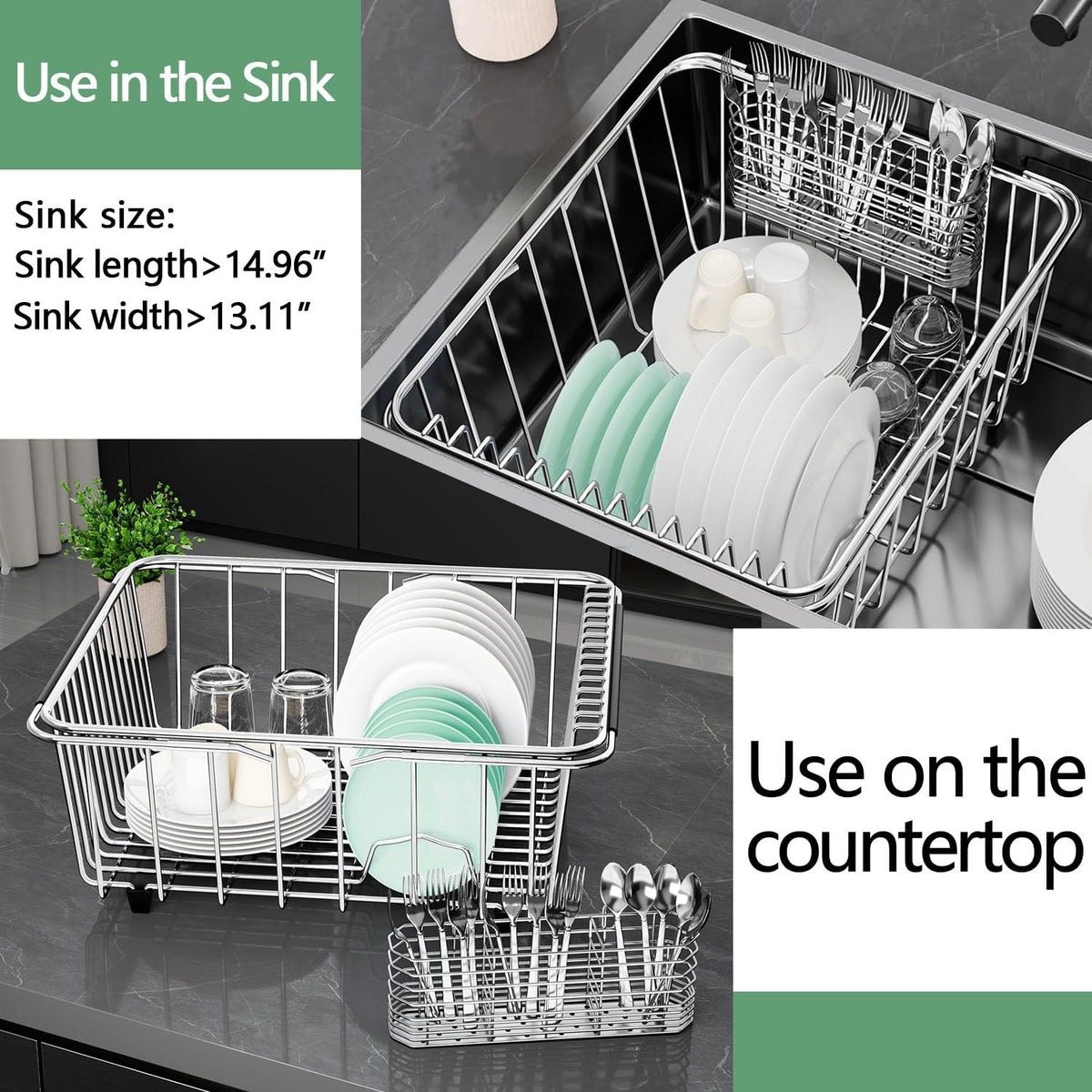 Large Sink Dish Drying Rack, Expandable 304 Stainless Steel Metal Dish Drainer Rack Organizer Shelves with Stainless Steel Utensil Holder Over Inside Sink, Rustproof