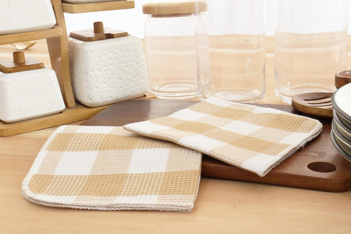Waffle Weave Plaid Dish Cloths, 100% Cotton - 12 x 12 Inches, Ultra Soft Absorbent Quick Drying Dish Towels Buffalo Check Dish Rags for Kitchen, 6 Pack - Spring Summer - Beige and White