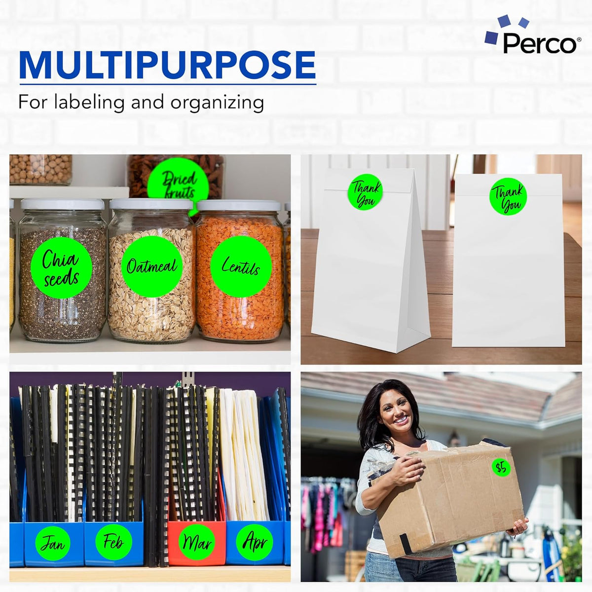 Perco Fluorescent Green 3-Inch Round Circle Dot Sticker Labels - Multi-Roll Pack (3 Rolls, 500 Labels Each) - Permanent Adhesive, Vibrant Colors, Strong Hold - Perforated for Easy Use - Made in USA